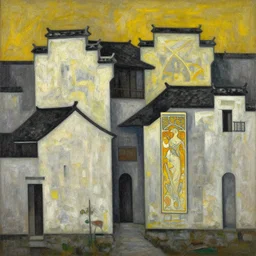 a painting of abstract buildings like hongcun ancient village houses by yves tanguy and alphonse mucha and zaha hadid, dramatic lighting