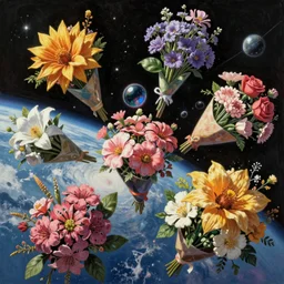 An epic fantastic realism comic book style painting of the most beautiful flowers launched into space, bouquets, fisheye lens, unreal 5, DAZ, hyperrealistic, octane render, dynamic lighting