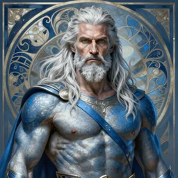 painted portrait of rugged odin, god of death, norse god, white hair, masculine, mature, handsome, upper body, blue and silver, muscular, hairy torso, fantasy, intricate, muscular, elegant, highly detailed, digital painting, artstation, concept art, smooth, sharp focus, illustration, art by gaston bussiere and alphonse mucha