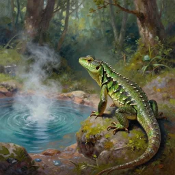a human lizard finding a colorful hotspring deep in the forest, oil painting, highly detailed, medieval fantasy, featured on artstation