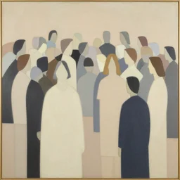 A painting of a crowd of people, abstract painting in the style of Sophie Taeuber-Arp and Gary Hume and Tatsuro Kiuchi, flat colour-block style, geometric abstraction, earthy light pastel colours
