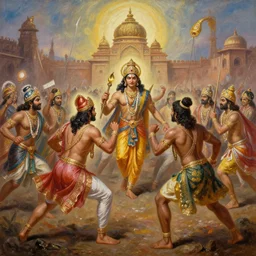 an epic battle scene in Ayodhya from Ramayan, by Walter Velez, by Carlos Ochagavia, oil on canvas, masterpiece, cinematic composition, aesthetic, dynamic, beautiful, detailed, concept art, beautiful lighting, super resolution, 8K