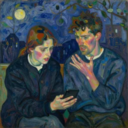 a * poetic * painting of a couple arguing and debating over the internet, early morning. by egon schiele