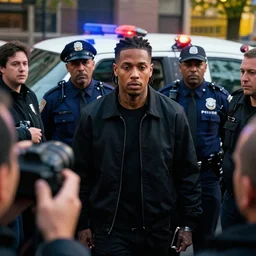 rapper leaving a police station surrounded by paparazzi and fans after being arrested, ultra realistic, photorealistic, dynamic light, symmetry faces, cinematic
