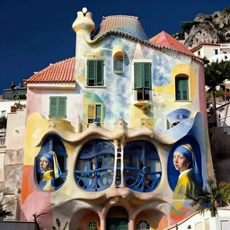 abstract brutalist houses in amalfi coast by yves tanguy, antonio gaudi and vermeer, dramatic lighting, analogous complementary colour scheme, vivid colours