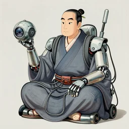 Kuniyoshi portrait of a robot saint made of cables and robotic pod by Marc Silvestri