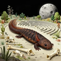 axolotl, huge woodlouse, bones of dead animals, solovetsky labyrinths, a landscape on the moon with craters, a lot of exotic vegetations, trees, tea terraces, a beautiful flowering garden, intricate detaild, pale colors, 8 k, in the style of martin johnson heade and roger dean