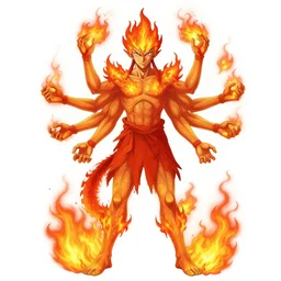 individual character design art, fire god with eight arms, by shigeto koyama and yusuke kozaki and joji morikawa and frank frazetta and kim jung gi, no more heroes concept art