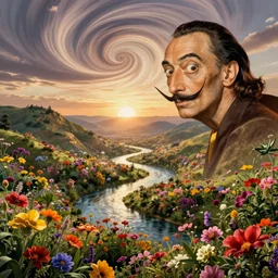 surreal landscape, surrealism, lush flower river valley at sunrise, swirly sky, esao andrews, victor enrich, dali