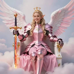 gorgeous!! hyper - realistic woman resembling emilia clarke as a princess wearing ornate pink knight armor, elf ears, angel wings, angemon, smiling l sitting at her thrown holding a fiery long sword | divine, elegant, ethereal, heavenly, clouds, cute, beautiful, holy, fantasy | illustration, intricate, high detail, ultra graphics, digital painting, photorealistic, tarot, bright, smooth, sharp focus | drawn by wlop, drawn by jeehyung lee, drawn by artgerm