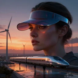 detailed face of a woman, sunset, visor, moment, tectonic sky, skydome, bullet train, turbines, utopian, tech noir, wet reflections, prism, atmospheric, ambient, pj crook, syd mead, livia prima, artgerm, greg rutkowski, nick alm, casey baugh
