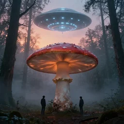 giant panzershroom in foggy woods, glowing ufo in the sky, sundown, rain, moody, by simon stalenhag, greg rutkowsky, artgerm