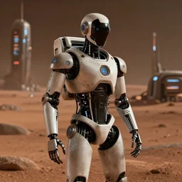 realistic human - like man android on mars city low power realistic ambient light and shadow