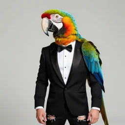 vibrant feathered beak cute fashion vogue Macaw parrot man man wearing a parrot costume wearing a tuxedo ripped physique james gilleard gerald brom bastien grivet greg rutkowski portrait