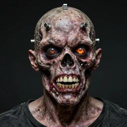 a wide angle shot from the horror movie featuring a realistic zombie that was based on Eddie The Head from Iron Maiden except fully realistic skin and teeth with fiery eyes having the same metal latch on his forehead as Eddie The Head in the original Art which connects the seams from the cut that encircled his cranium