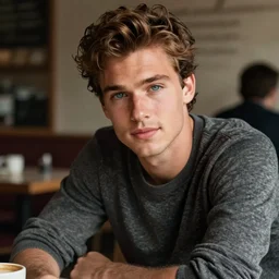 tommy michaelson a white skinned brown haired blue eyed man in a cafe