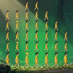 A sprite sheet of animation frames in one image for a walking teenager, yellow costume, realism, green screen