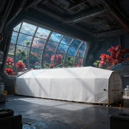 epic professional digital art of interior scene of large white cargo bay in a darkened spaceship, with huge glass windows overlooking a lush alien planet with red vegetation outside, 4 k, cinematic, detailed, best artstation, cgsociety, epic, stunning, gorgeous, masterpiece, wow wow detail