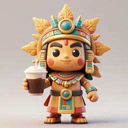 an aztec sun god chibi character, holding a comically large cup of coffee, in the style of hownosm and james jean, ultimate collab, epic, digital art, 3 d, h 9 6 0