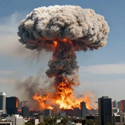 a nuclear mushroom cloud rises over a city engulfed in flames, modern picture taken from far away