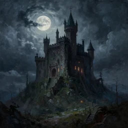 a beautiful painting of of a creepy castle on a hill in a storm, volumetric lighting, moonlit by greg rutkowski and kalin popov, trending on artstation, masterpiece,