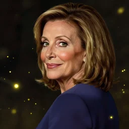 a highly detailed, hyper realistic, gorgeous portrait with torso of nancy pelosi, among wonderful golden fireflies, long hair, green eyes, hint of freckles, round gentle face, cheeky smile, seen from behind, she looks behind her shoulders, deep focus, elegant, digital painting, smooth, sharp, golden ratio, illustration, art by artgerm and caravaggio