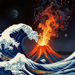 3d render of a volcanic eruption flowing and flying through interstellar deep space in the art style of Hokusai, very Hokusai style, octane render