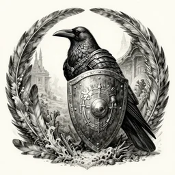 a stoic crow!! knight with dragonscales, within a circle of feathered reef, attack profile angle, centered on family crest! shield, coat of arms!, pencil and ink, very detailed, artstation, mysterious, mythical, greek mythology, norse mythology, full frame, dramatic shading, jonathan pointer, janie penny,
