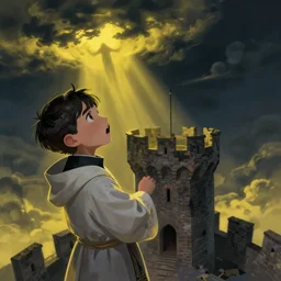 Close up of a terrified young catholic priest at the top of a medieval tower watching in fear as an ominous yellow shadow descends upon him from the night sky. His face is seen from above. High angle, dramatic lighting. Award-winning digital art, trending on ArtStation