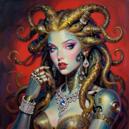 a beautiful painting lovely seductive steampunk medusa robot, jewelry, diamond jewelry. by ukiyo - e award - winning art, andy warhol color, dramatic light, octane render