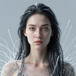 Woman portrait, ice crystal wires everywhere, flat background, by Edgar Maxence and Ross Tran, Zdzisław Beksiński, and Michael Whelan, distant, gustav dore, H.R. Giger, 8k, octane render