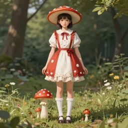 girl in a fly agaric - inspired outfit, full shot, concept art, natural lighting, illustration, full color, highly detailed, photorealistic, by greg rutkowski, artstation,