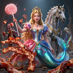 by artgerm and agostino arrivabene, visually stunning, cinematic, ultra realistic, hyper realism, 1 2 k, epic, octane render, unreal engine, vfx, maya, chaotic portrait of a princess, bacon and licorice, royal hound, brain box, compelled duel, gifted aetherborn, returned centaur, mermaid