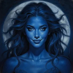 perfectly centered portrait front view of a beautiful moon goddess, flowing hair, intense stare, sweet sarcastic smile, symmetrical, dark blue skin, concept art, intricate detail, volumetric shadows and lighting, realistic oil painting,