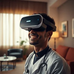 paparazzi photo of an sudanese medical student smiling wearing a vr headset in a sitting room, dynamic shot, high quality, dramatic lighting, high definition, movie scene