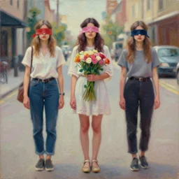 still from music video, beautiful women blindfold, flowers, street clothes, full figure portrait painting by martine johanna, ilya kuvshinov, rossdraws, pastel color palette, 2 4 mm lens
