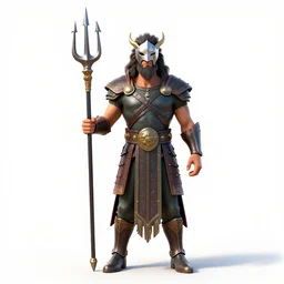 masked poseidon with trident, stylized pixar-style 3d render, full body, standing, isolated on a pure white background, centered, whole figure in frame, sharp focus, studio lighting