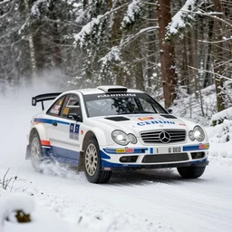 a 2 0 0 4 mercedes - benz c 3 2 amg, racing through a rally stage in a snowy forest