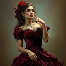 an intricate artistic pose painting of a beautiful young victorian lady with an artistic pose wearing a beautiful velvet dress, hyper detailed, octane render, vivid colors, artstation, by jeremy mann, by boris vallejo