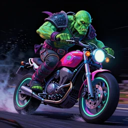 psychedelic blacklight neon airbrush artwork, motorcycle, hyper stylized cinematic action shot of an orc in battle armor racing on a motorcycle, menacing orc, drifting, skidding, wheelie, clear focused details, soft airbrushed artwork, black background, post apocalypse, cgsociety, artstation