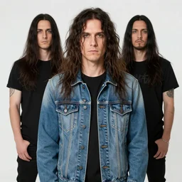 Proto-metal band, long shaggy hair, double denim, 2022 photograph, band promo, HD photograph