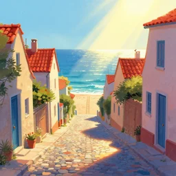 a lonely cobblestone street, with houses with red tiles , a ladder way down the beach, the sea, brightly illuminated by rays of sun, artstation, colorful sylvain sarrailh illustration