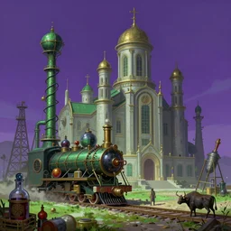 Interplanetary wild west cathedral snake oil engineering alchemical locomotive pharmaceutical industrial petroleum oil rig apothecary bull run serum cathedral, fantasy, portrait, sharp focus, intricate, elegant, digital painting, artstation, matte, highly detailed, concept art, illustration, volumetric lighting, purple green color scheme, art by Ilya Kuvshinov, artgerm