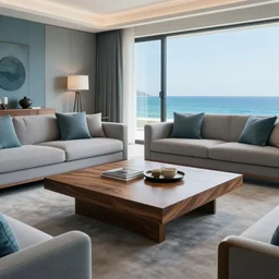 A modern living room in a ocean hues style, ocean view, luxurious wooden coffee table, calm, relaxed style, harmony, wide angle shot, 8k resolution