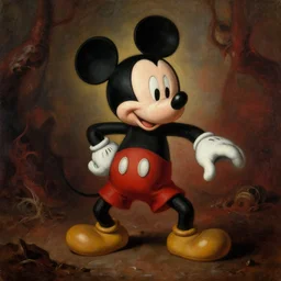mickey mouse in hell, oil painting, trending on artstation, renaissance, highly detailed, dynamic pose, gloomy