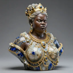 intricate slightly iridescent and translucid realistic bust sculpture of futuristic digital obese angry beautiful black girl empress, stone and glass and gold and lapislazuli