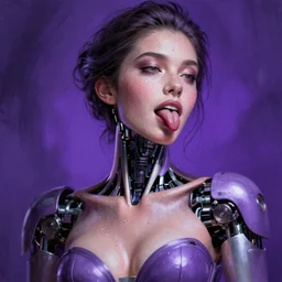 attractive female i robot sticking tongue out sensually and sweating, torso portrait, intricate, elegant, purple volumetric lighting, scenery, digital painting, highly detailed, artstation, sharp focus, illustration, concept art, luis rollo, ruan jia, steve mccurry, john berkey
