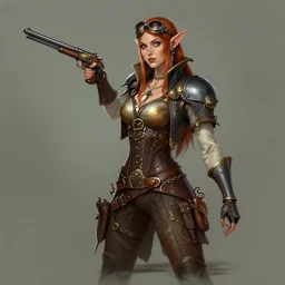 steampunk female elf gunslinger, by rossdraws