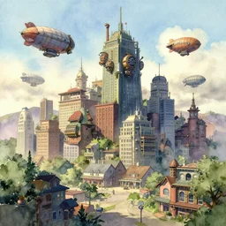 Downtown Battle Mountain by Craig Mullins, the watercolor city buildings are in a studio ghibli aesthetic, illustrative art of various small steampunk airships flying around the city by Mattias Adolfsson, Rendered in Octane, cinematic, Highly Detailed