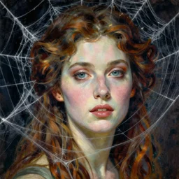 a beautiful terrifying painting close up woman in a spider web by raymond swanland, gaston bussiere craig mullins alphonse mucha basil gogos norman rockwell, jack kirby, ruan jia, roberto ferri, monet, by wlop, moebius syd mead roger dean yoshitaka